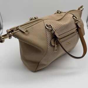 Coach 26848 Tan Woven Fabric Leather Shoulder Crossbody Bag Gold Hardware